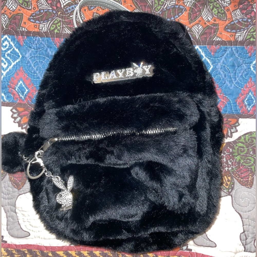 PLAYBOY Fuzzy Black Mini Backpack with Rhinestones🖤